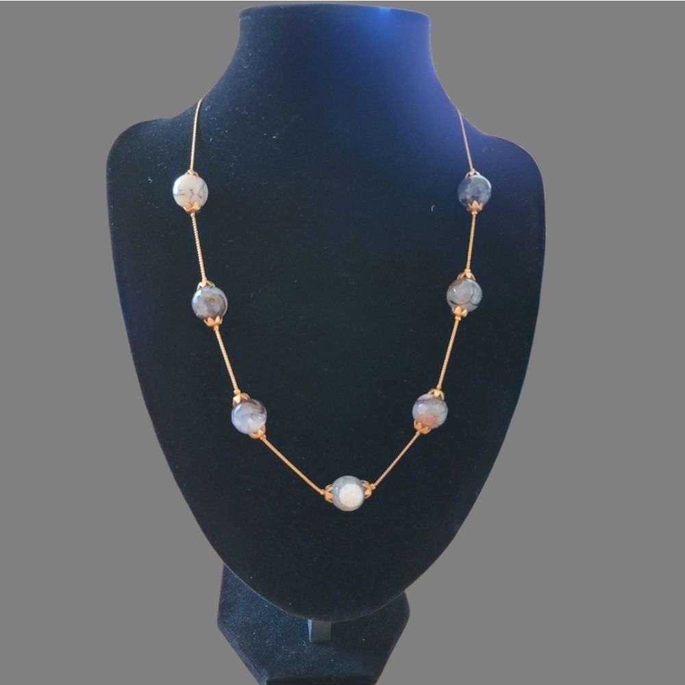 Julia B grey white marbled stone necklace gold trim